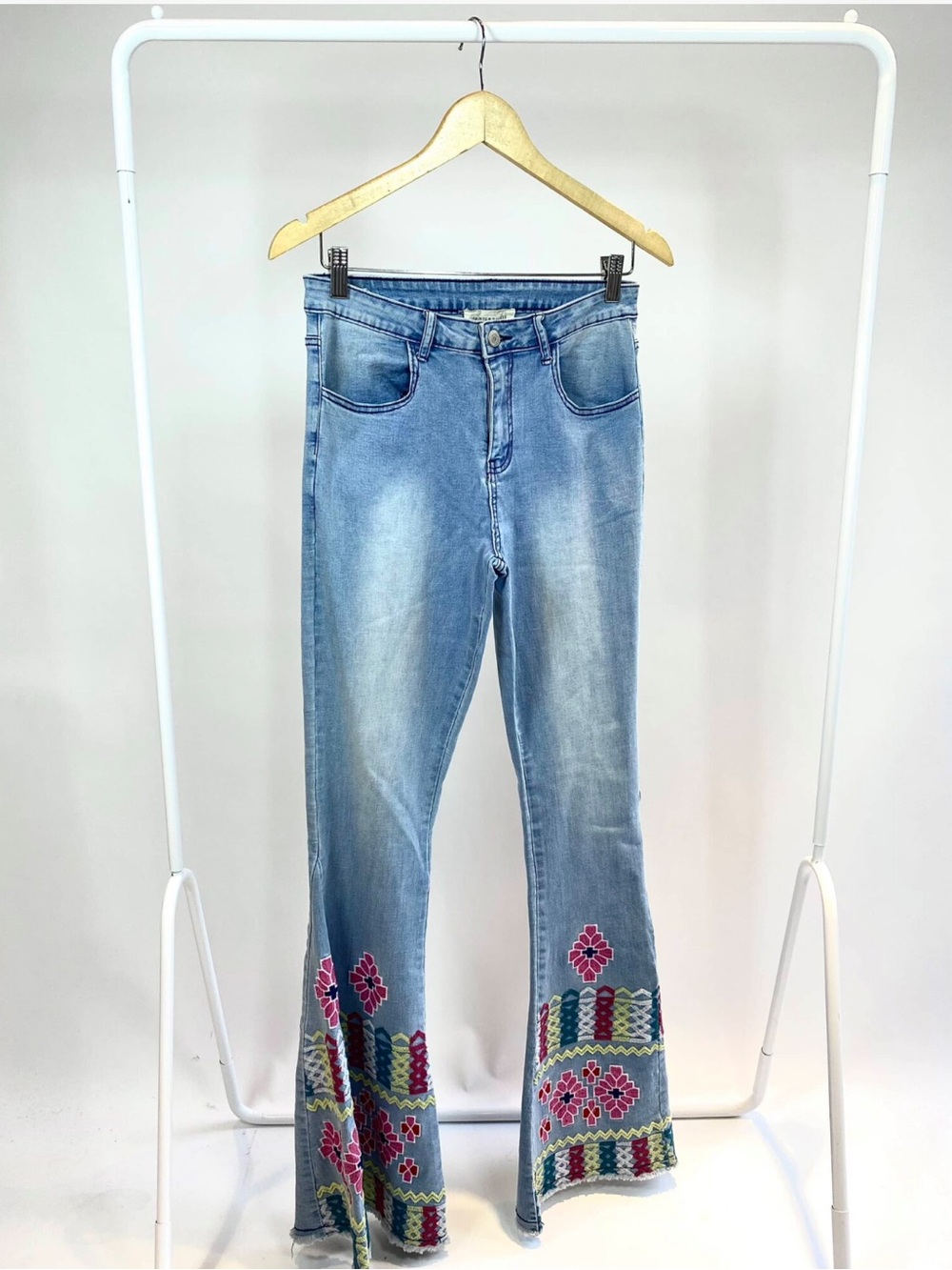 Three Bird Nest Blue and Pink Flare Jeans with Crochet Detail